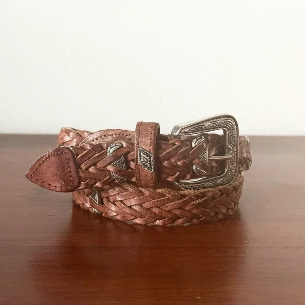 Vintage 1990s Braided Leather Belt with Silver Buckle and details